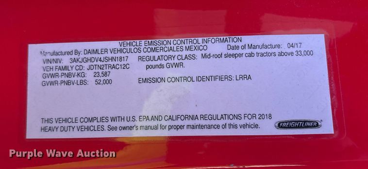 image for item YA1278 2018 Freightliner Cascadia semi truck