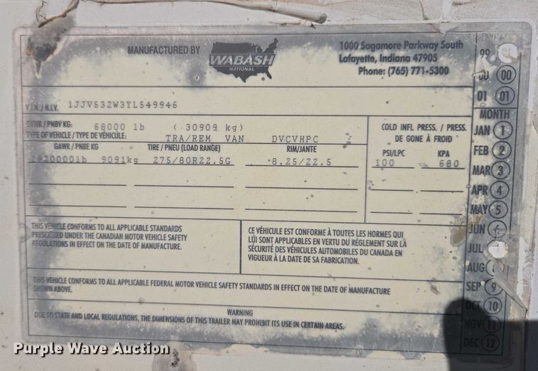 image for item YA1671 2000 Wabash DVCVHPC dry van trailer