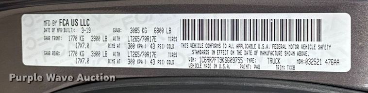 image for item ES5535 2019 RAM 1500 Ext. Cab pickup truck