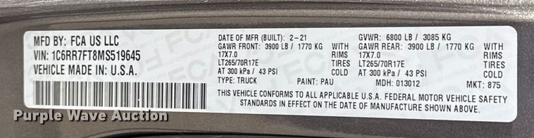 image for item ES5537 2021 RAM 1500 Ext. Cab pickup truck