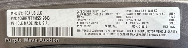 image for item ES5542 2021 RAM 1500 Ext. Cab pickup truck
