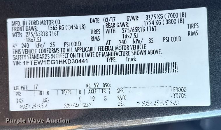 image for item DQ4191 2017 Ford F150 Ext. Cab pickup truck