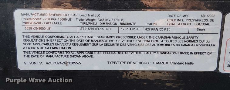 image for item DU3747 2023 Load Trail equipment trailer