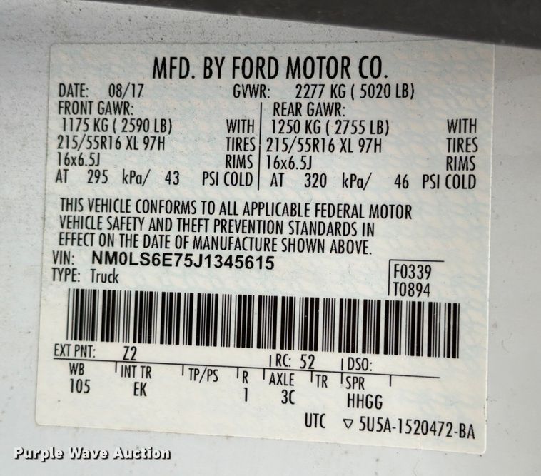 image for item DX5927 2018 Ford Transit Connect van