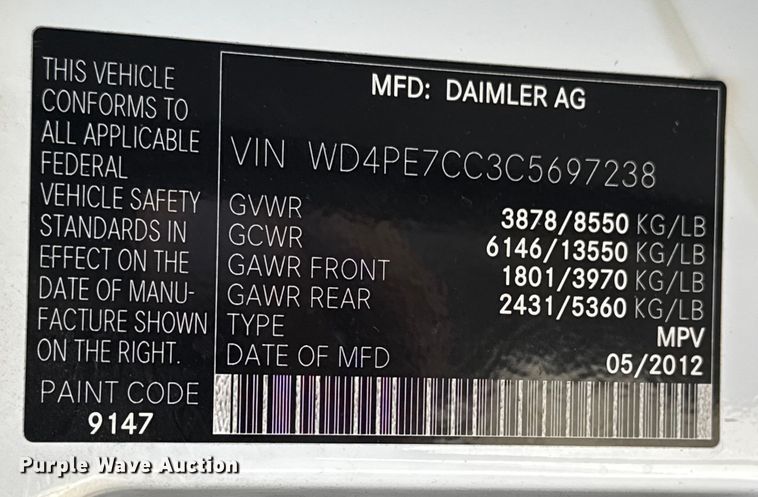 image for item EG1892 2012 Mercedes-Benz Sprinter 2500 RV