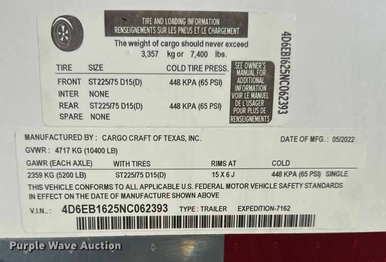 image for item EG1914 2022 Cargo Craft of Texas, Inc. Expedition 7162 enclosed cargo trailer