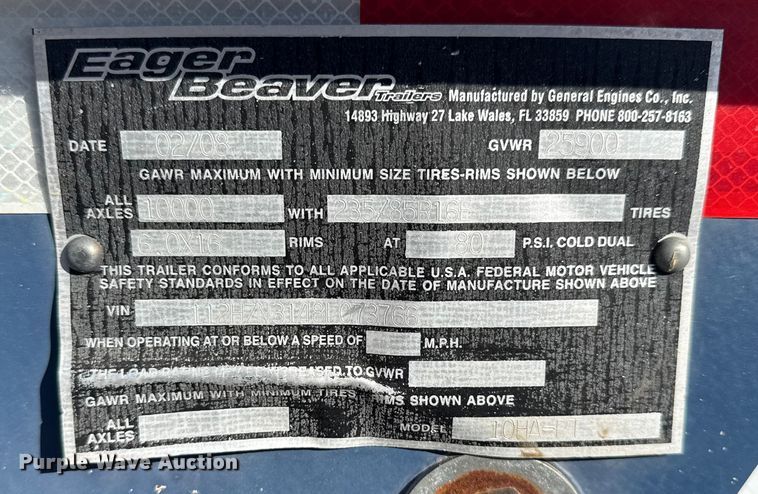 image for item EG1917 2008 Eager Beaver 10HA-PT equipment trailer