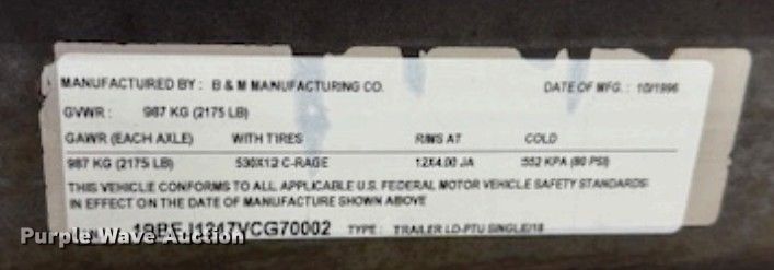 image for item ES2559 1997 B&M Haul Rite boat trailer