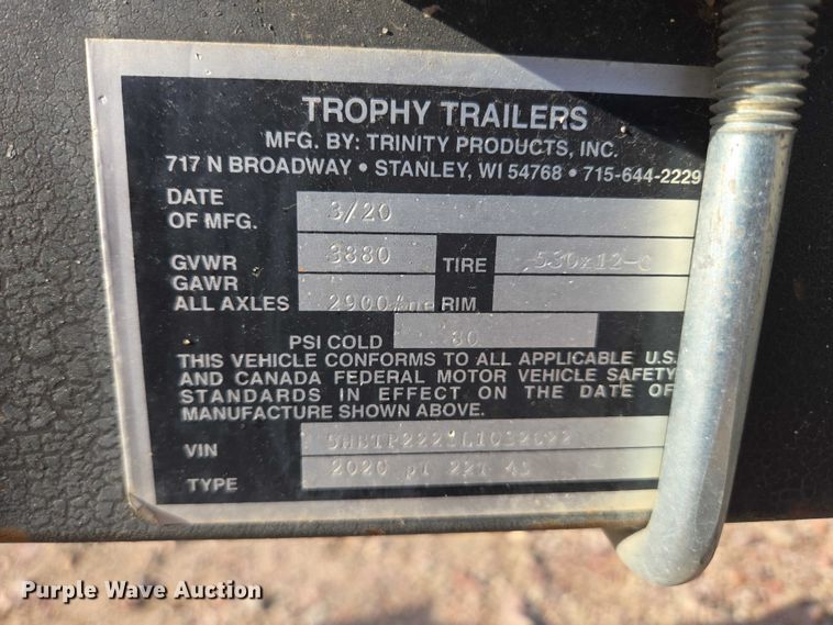 image for item ES2561 2020 Trophy Trailers PT 22T 45 boat trailer