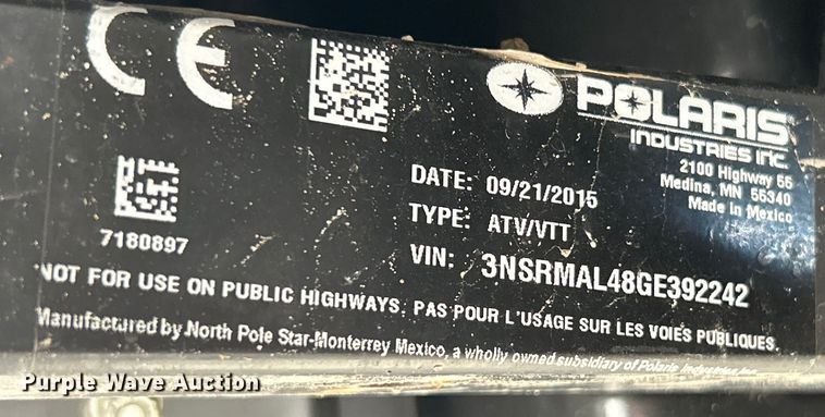 image for item ET6819 2016 Polaris Ranger EV utility vehicle