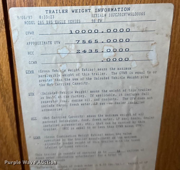 image for item EU6448 1998 Jayco 285 BHS camper