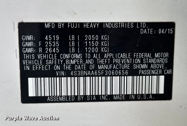 image for item EV1962 2015 Subaru Legacy 