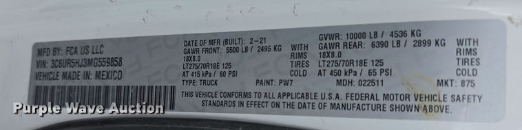 image for item FI0745 2021 RAM 2500 Crew Cab pickup truck