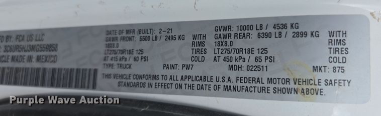 image for item FI0745 2021 RAM 2500 Crew Cab pickup truck