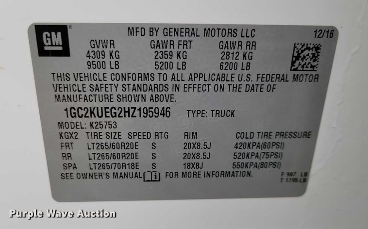 image for item NO9867 2017 Chevrolet Silverado 2500HD Crew Cab pickup truck