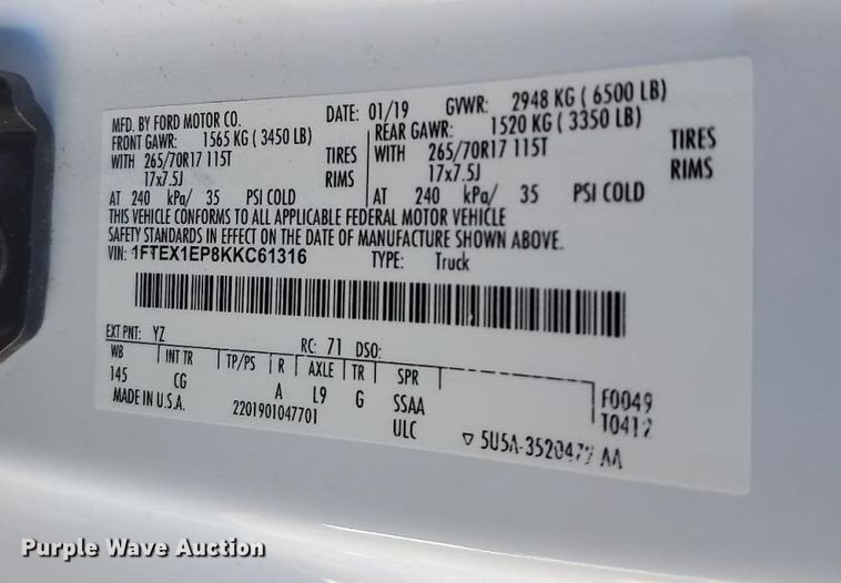 image for item YA0996 2019 Ford F150 pickup truck