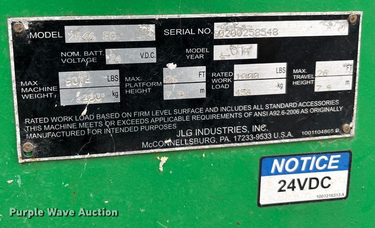 image for item DU0322 2017 JLG 2646ES scissor lift