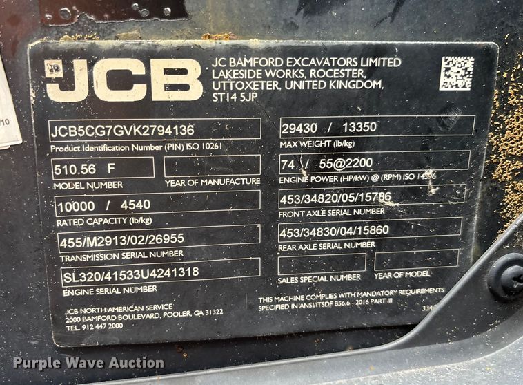 image for item DU0323 2019 JCB 510-56 F telehandler