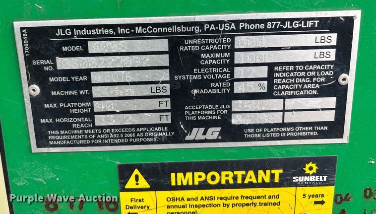 image for item DU0324 2016 JLG 400S boom lift