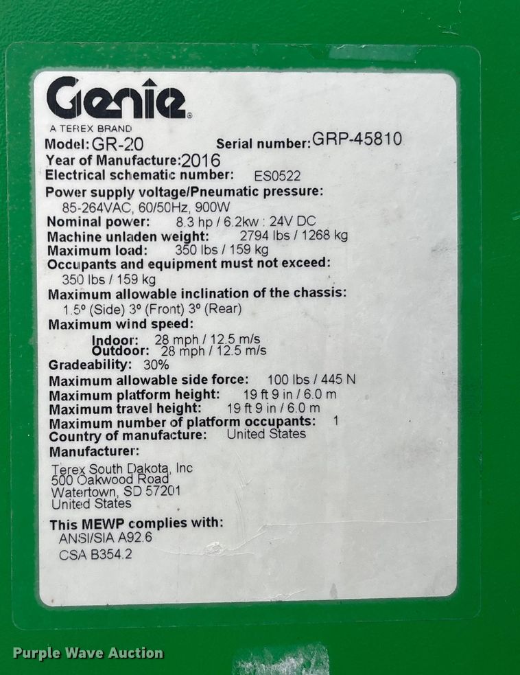 image for item DU0328 2016 Genie GR-20 vertical lift