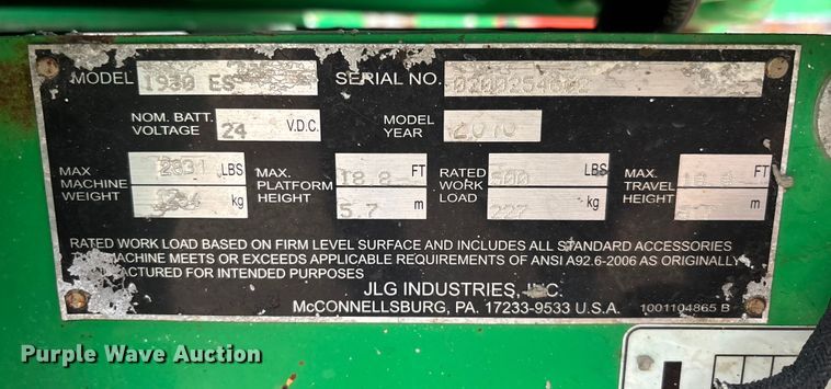 image for item DU0329 2016 JLG 1930ES scissor lift