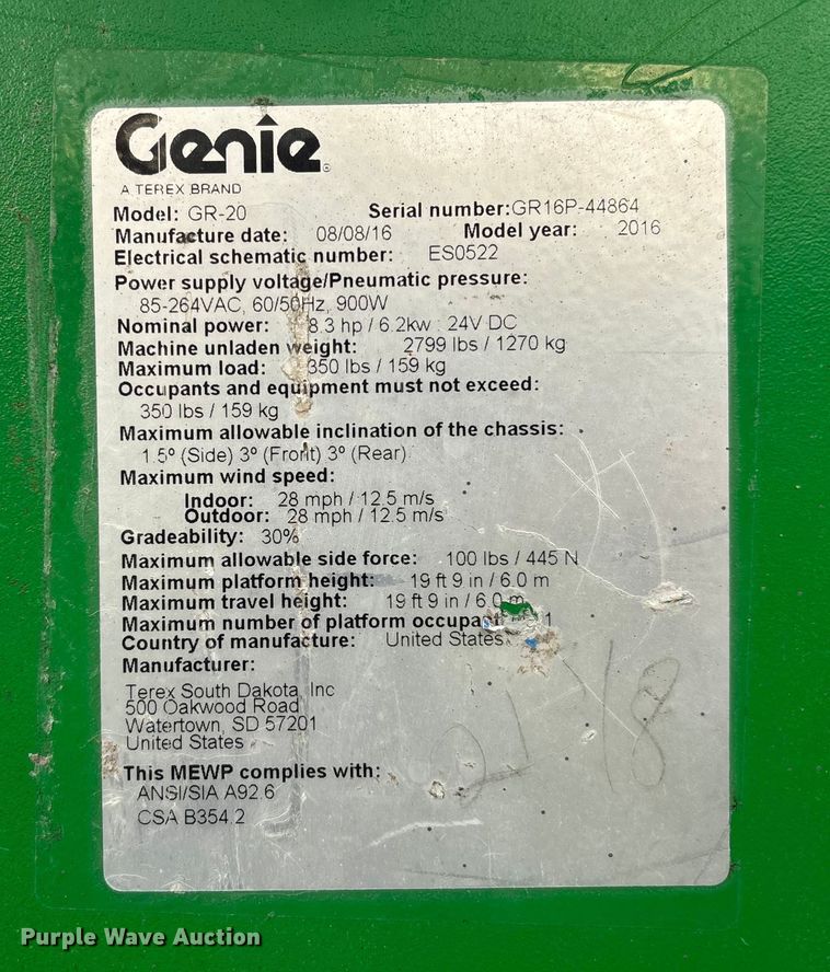 image for item DU0330 2016 Genie GR-20 vertical lift