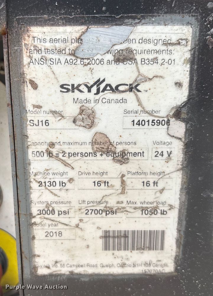 image for item DU0332 2018 SkyJack SJ16 vertical lift