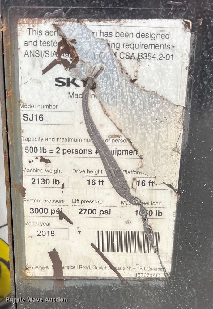 image for item DU0334 2018 SkyJack SJ16 vertical lift