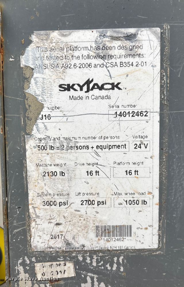 image for item DU0335 2017 SkyJack SJ16 vertical lift