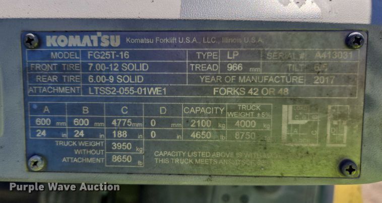 image for item DU2666 2017 Komatsu FG25T-16 forklift