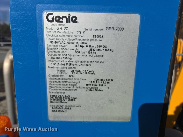 image for item DU2668 2019 Genie GR-20 vertical lift