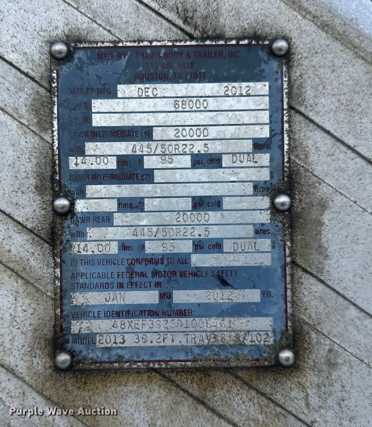 image for item DW4395 2013 Travis Body & Trailer, Inc. S/102 bottom dump trailer