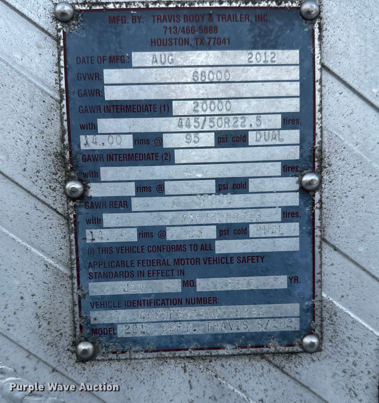 image for item DW4398 2013 Travis Body & Trailer, Inc. S/102 bottom dump trailer