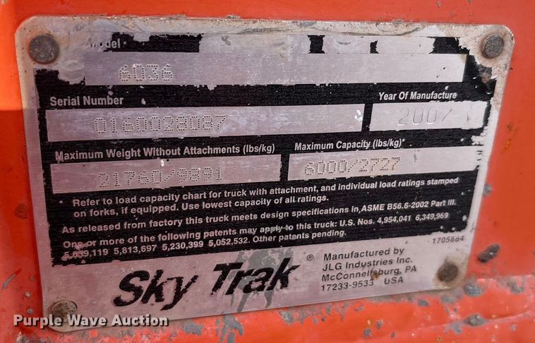 image for item EA7837 2007 JLG Skytrak 6036 telehandler