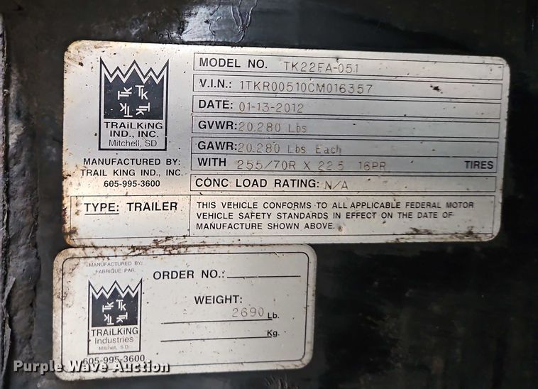 image for item EB8483 2012 Trail King Industries TK70HG-492 lowboy equipment trailer