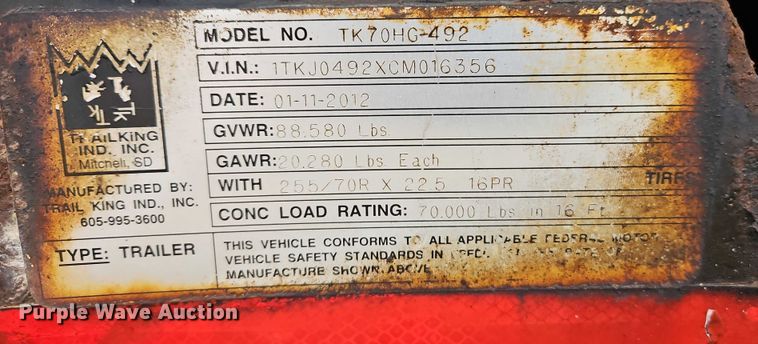 image for item EB8483 2012 Trail King Industries TK70HG-492 lowboy equipment trailer