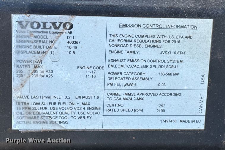 image for item EE3422 2019 Volvo A30G articulated haul truck