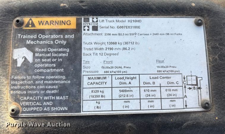 image for item EF6276 Hyster H210HD forklift