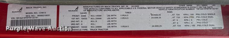 image for item EI5677 2000 Mack CH600 semi truck