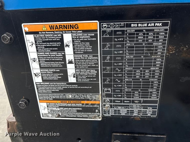 image for item EI5688 2012 Miller Big Blue 600 Air Pak welder/generator
