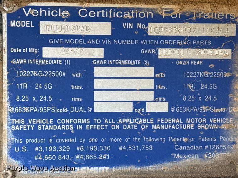 image for item EP2752 1999 Clement Fleetstar end dump trailer