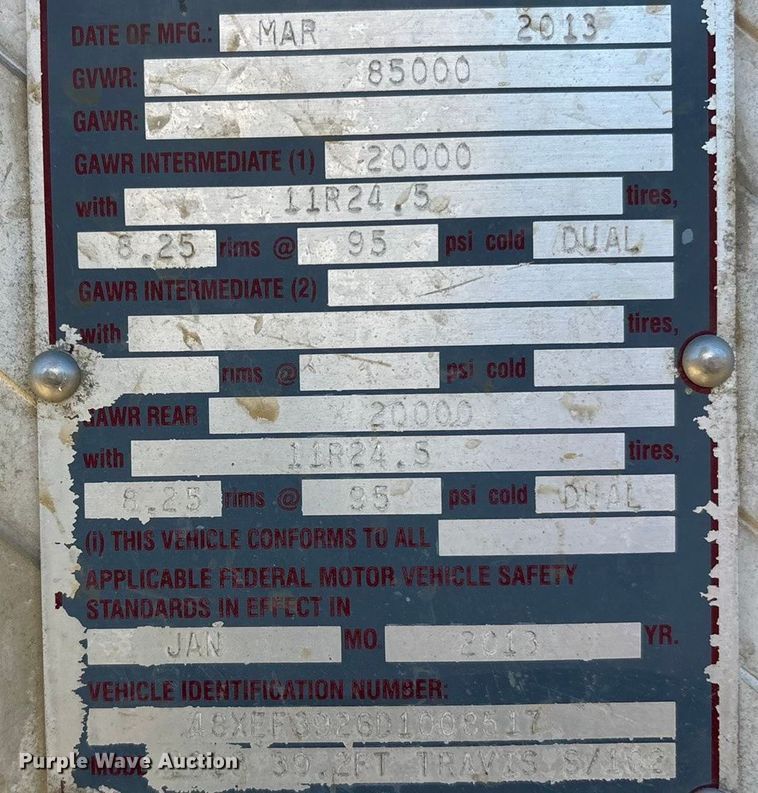 image for item FI0118 2013 Travis S/102 bottom dump trailer