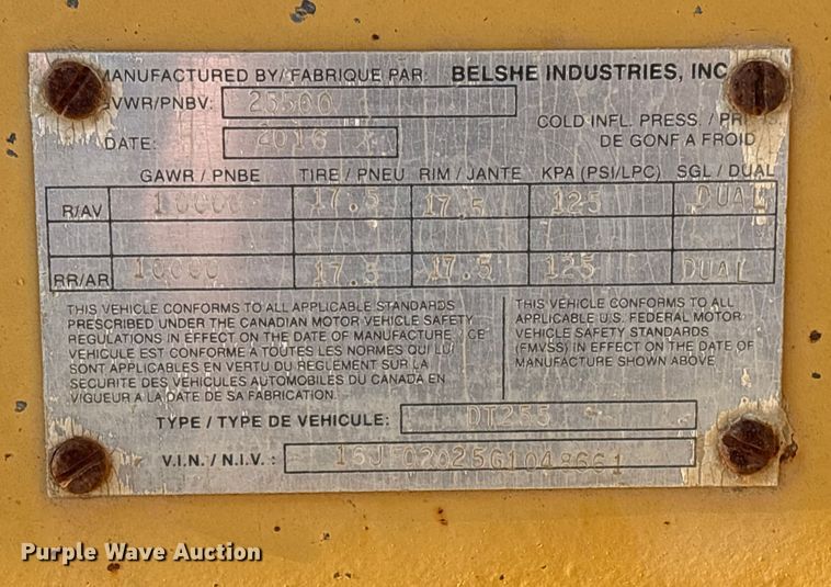 image for item FI0119 2016 Belshe DY255 equipment trailer