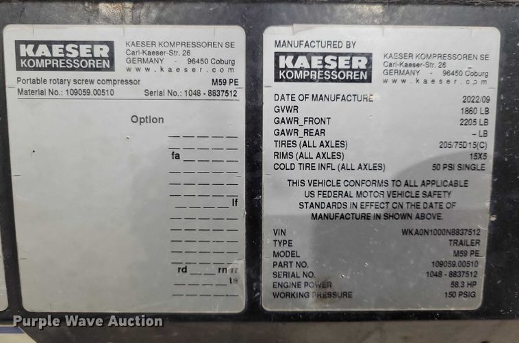 image for item NO9846 2022 Kaeser M59 air compressor