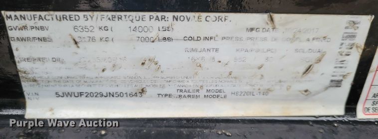 image for item NO9873 2018 H&H H8220IL-140 equipment trailer