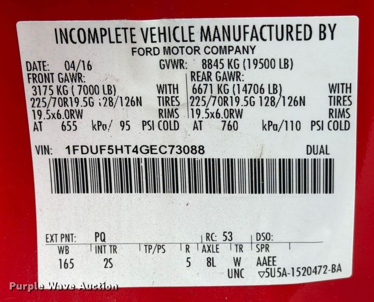 image for item DX5931 2016 Ford F-550 hook lift truck