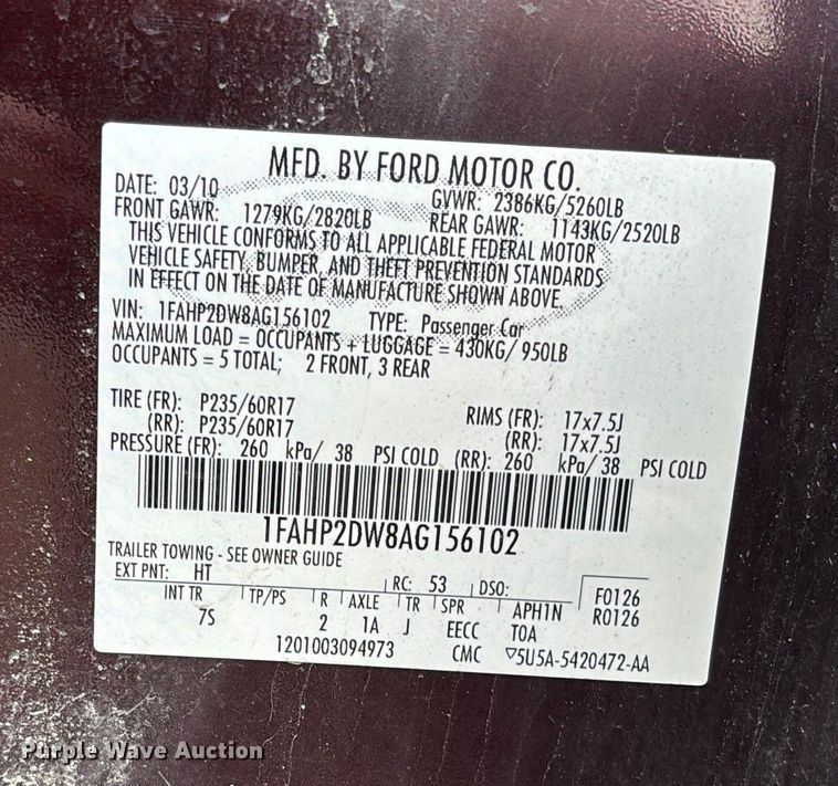 image for item DX5936 2010 Ford Taurus 