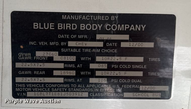 image for item EN0112 2001 Bluebird  bus