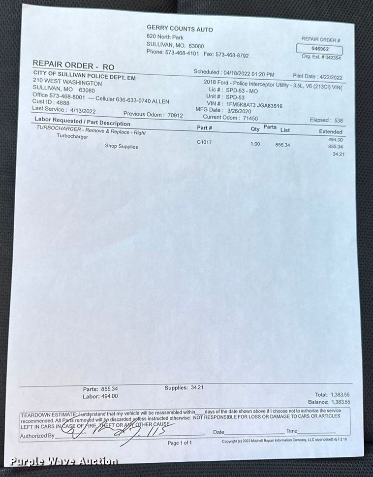 image for item EN0831 2018 Ford Explorer Police Interceptor SUV