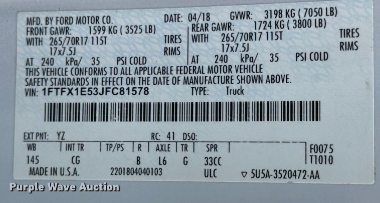 image for item ER0367 2018 Ford F150  Ext. Cab pickup truck